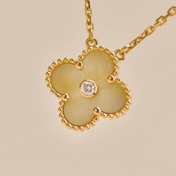 Preloved Authentic VCA 2018 Holiday Pendant Golden Mother of Pearl Diamond 18K Yellow Gold