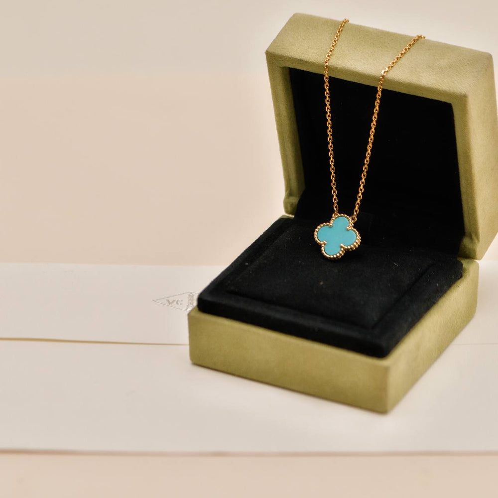 Authentic Preowned Full set Van Cleef & Arpels Turquoise 18K Yellow Gold Vintage Alhambra Pendant Necklace