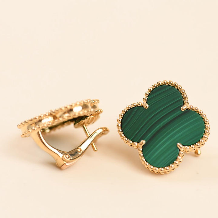 Second Hand Authentic Van Cleef Magic Alhambra Malachite Earrings 18K Yellow Gold
