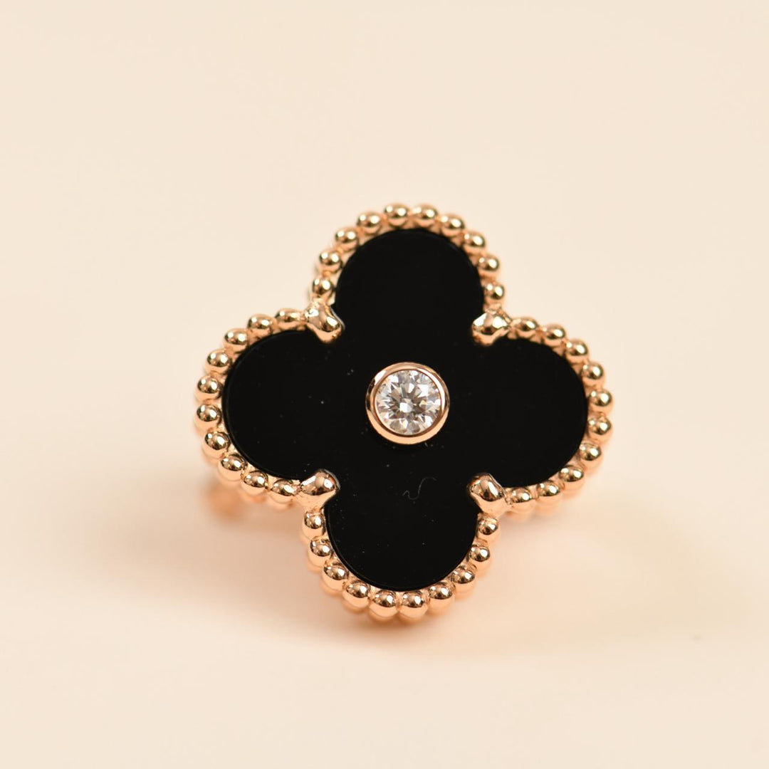 Preowned Van Cleef & Arpels Vintage Alhambra Limited Edition Onyx Diamond Gold Earrings