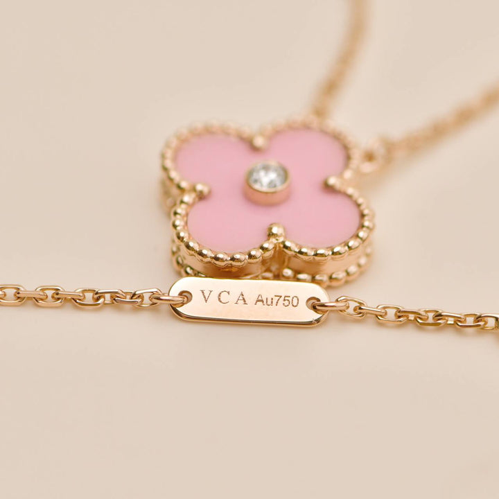 Preowned Authentic Van Cleef Alhambra 2015 Holiday Pendant Diamond Pink Sèvres Porcelain