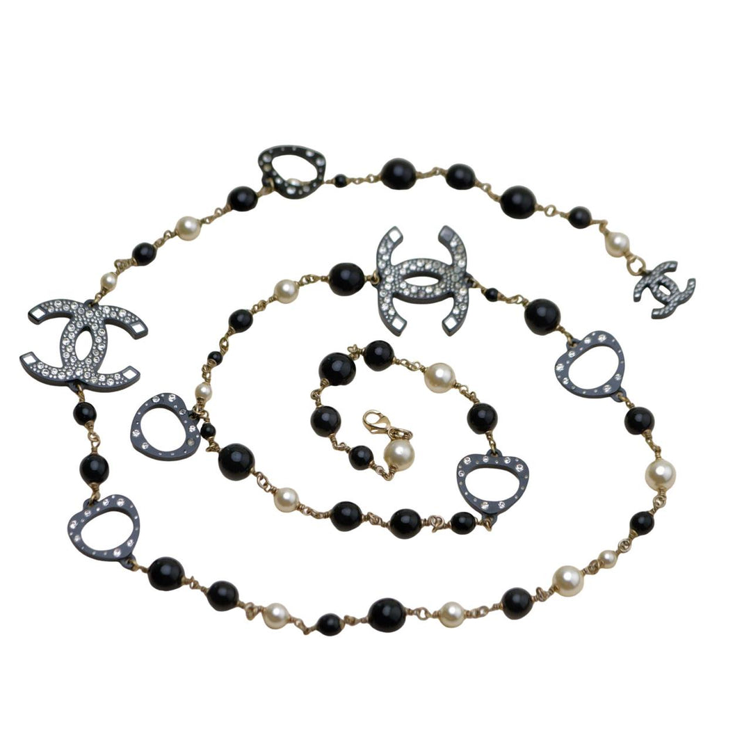 Preloved Authentic Chanel CC Faux Pearl & Crystal Black Bead Sautoir Necklace