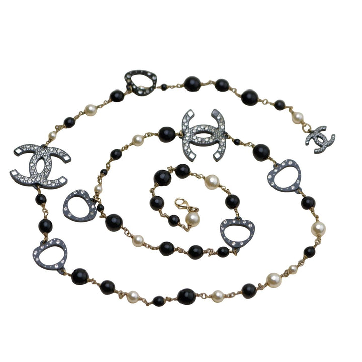 Preloved Authentic Chanel CC Faux Pearl & Crystal Black Bead Sautoir Necklace