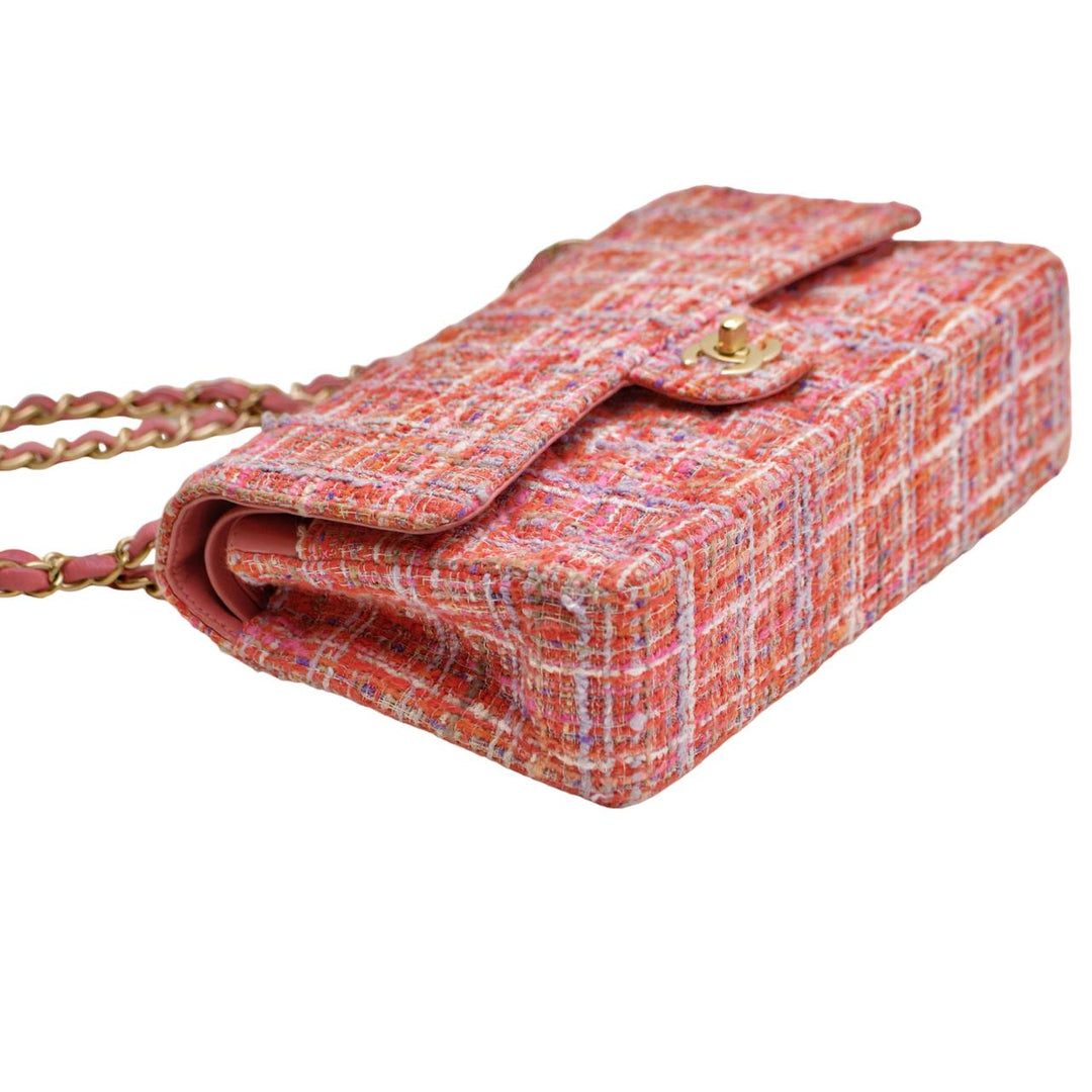 Used Authentic Chanel Double Flap Pink Tweed Quilted Bag