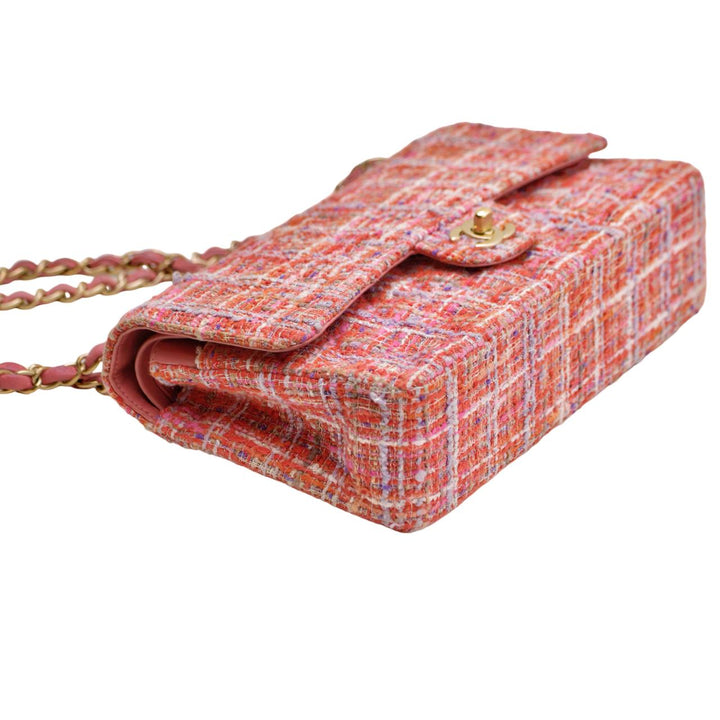 Used Authentic Chanel Double Flap Pink Tweed Quilted Bag