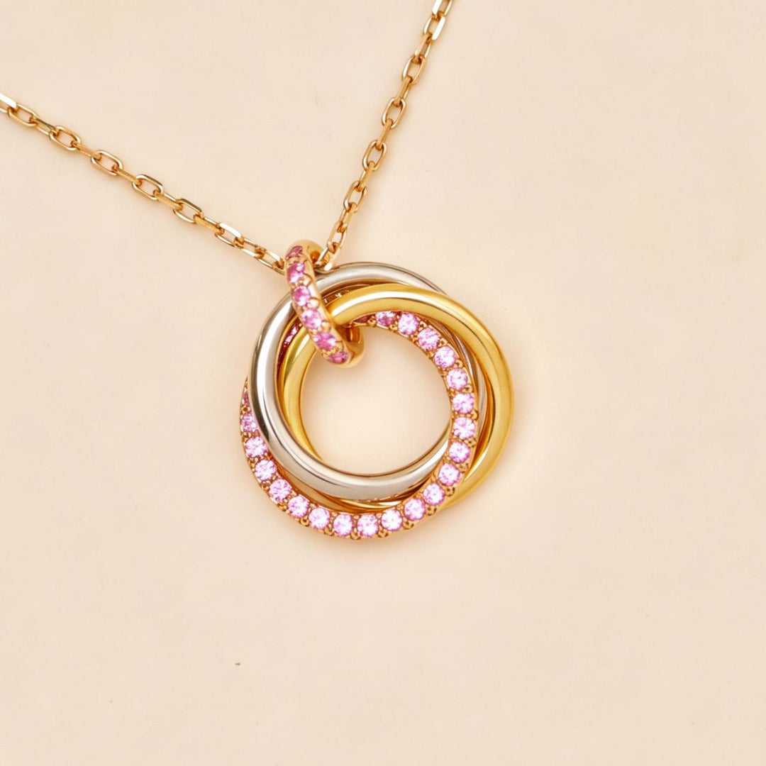 Second Hand Cartier Trinity Pendant Necklace 18K Tri-color Gold with Pavé Pink Sapphires
