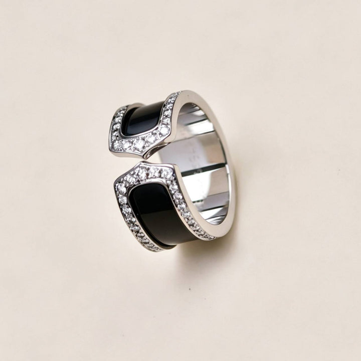 Preloved Authentic Cartier C de Cartier Diamond Enamel Ring 18K white gold Size 55