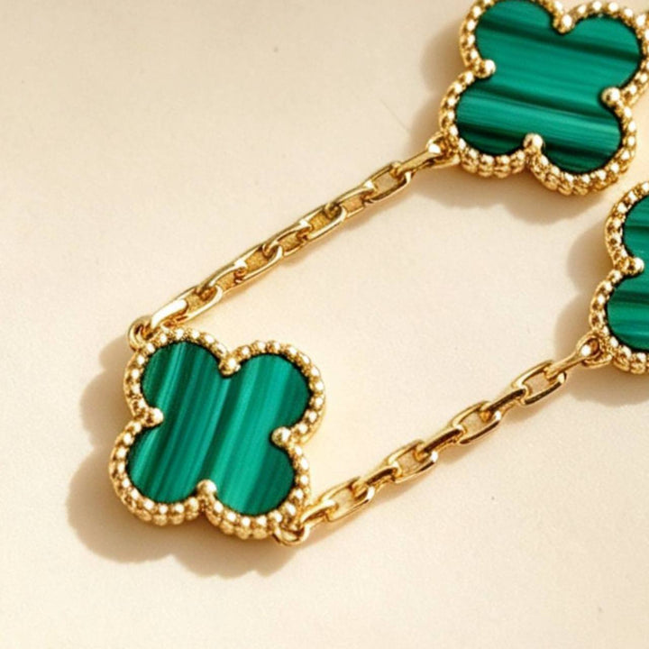 Second Hand Authentic Van Cleef Vintage Alhambra 5 Motif Malachite Bracelet 18K Yellow Gold