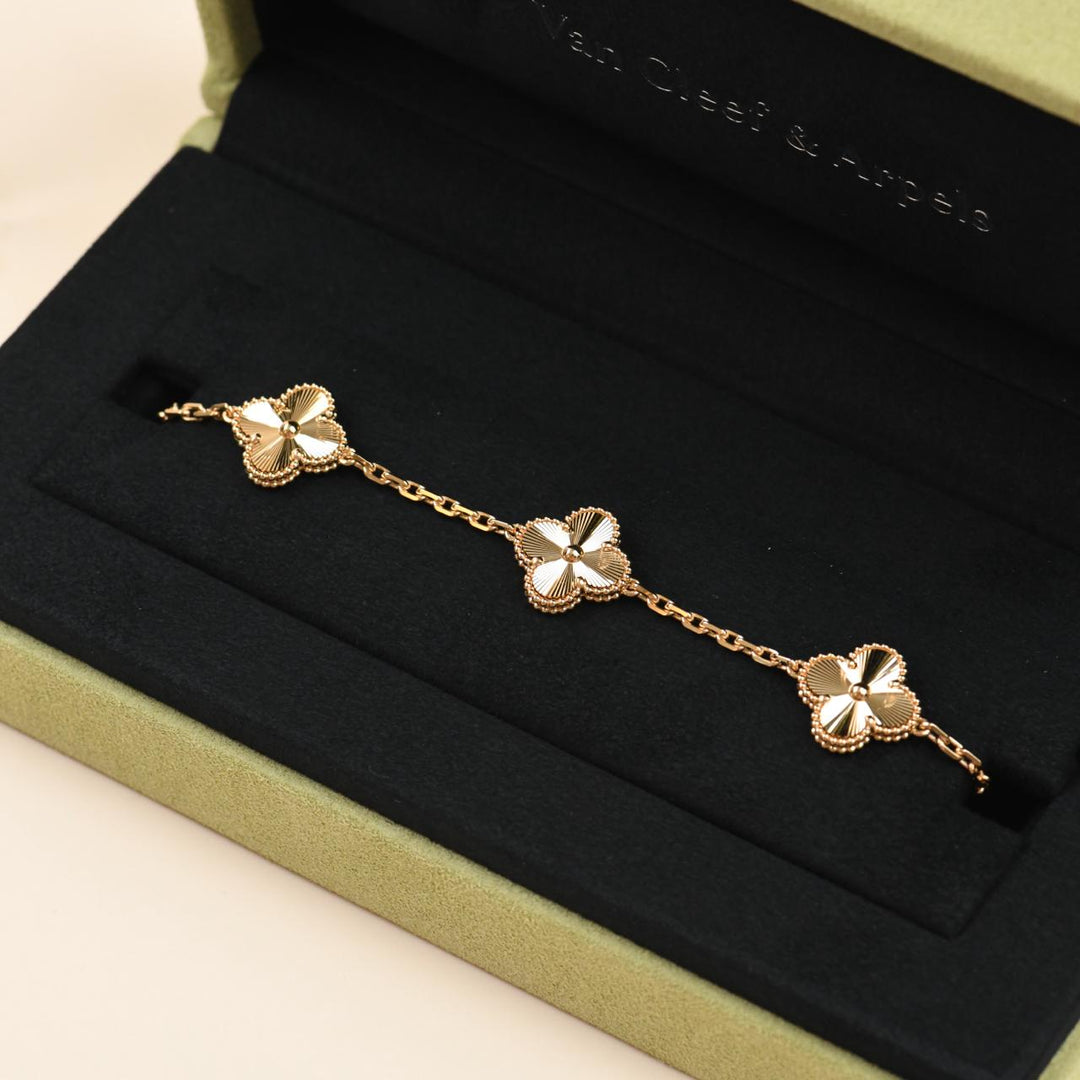 Van Cleef & Arpels Vintage Alhambra Guilloché 5 Motifs Bracelet 18K Yellow Gold