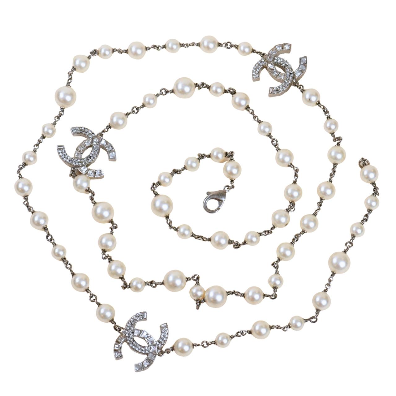 Chanel CC Sautoir Necklace Faux Pearl Crystal Three Logos