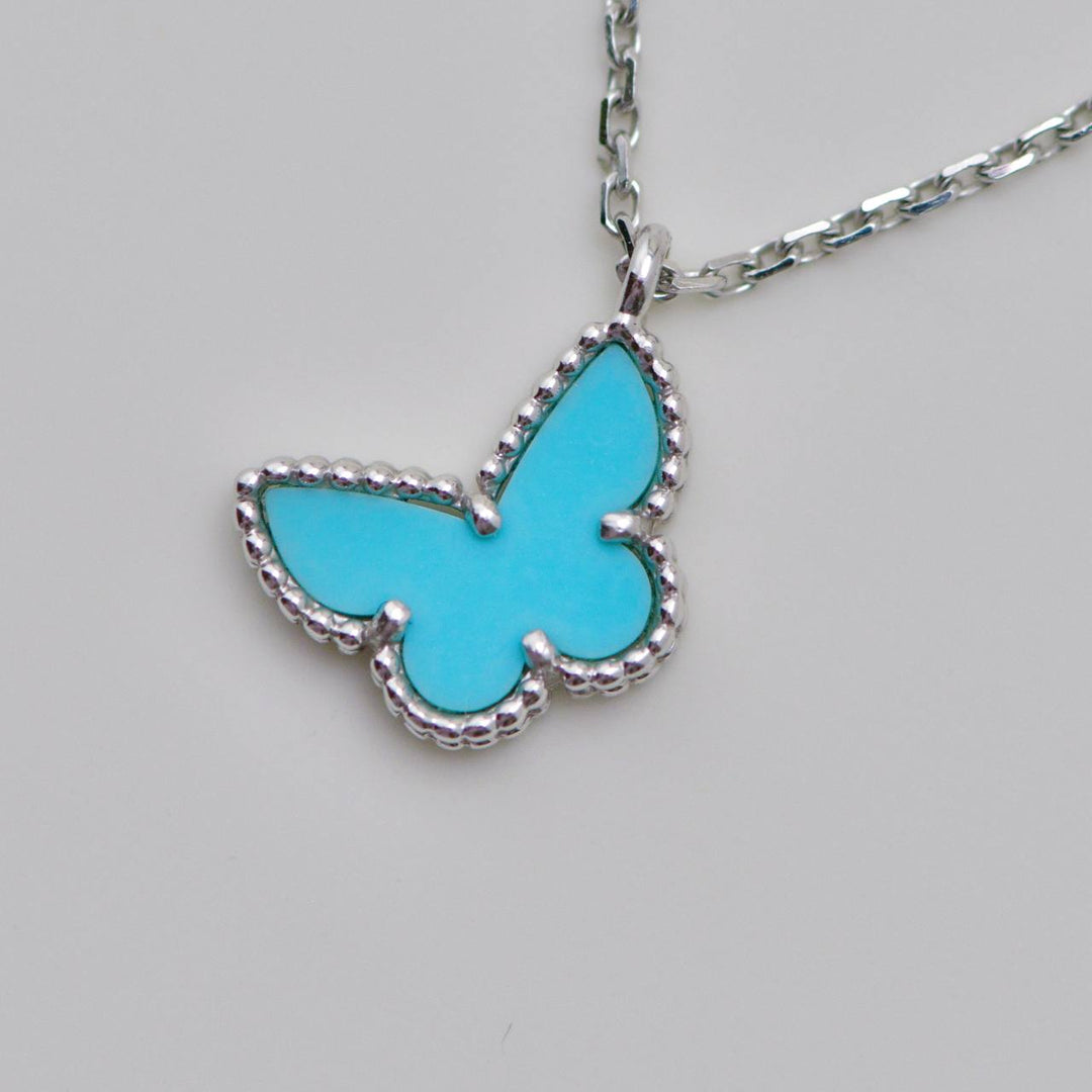 Preowned Van Cleef Sweet Alhambra Turquoise Butterfly Necklace 18K White Gold
