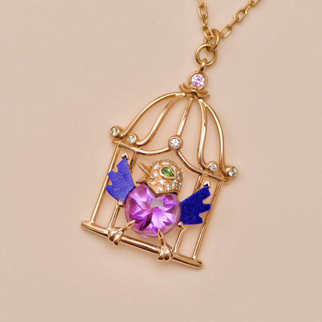 Second hand Authentic Cartier Free As A Bird Necklace Diamond, Amethyst, Lapis Lazuli & Peridot, 18K Rose Gold