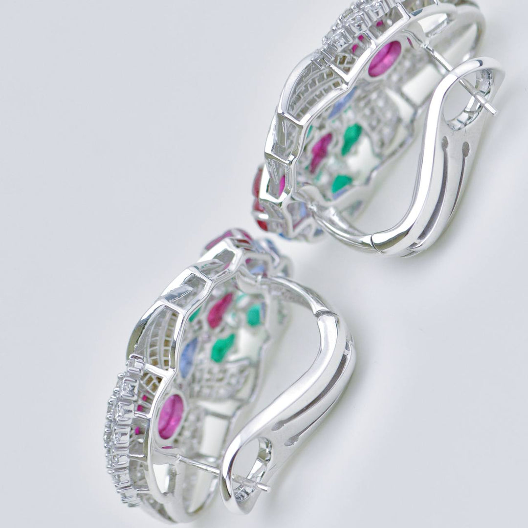 Tutti Frutti Ruby, Emerald & Sapphire Carved Gemstone Diamond Clip Earrings in White Gold