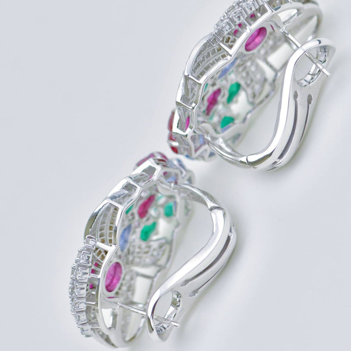 Tutti Frutti Ruby, Emerald & Sapphire Carved Gemstone Diamond Clip Earrings in White Gold