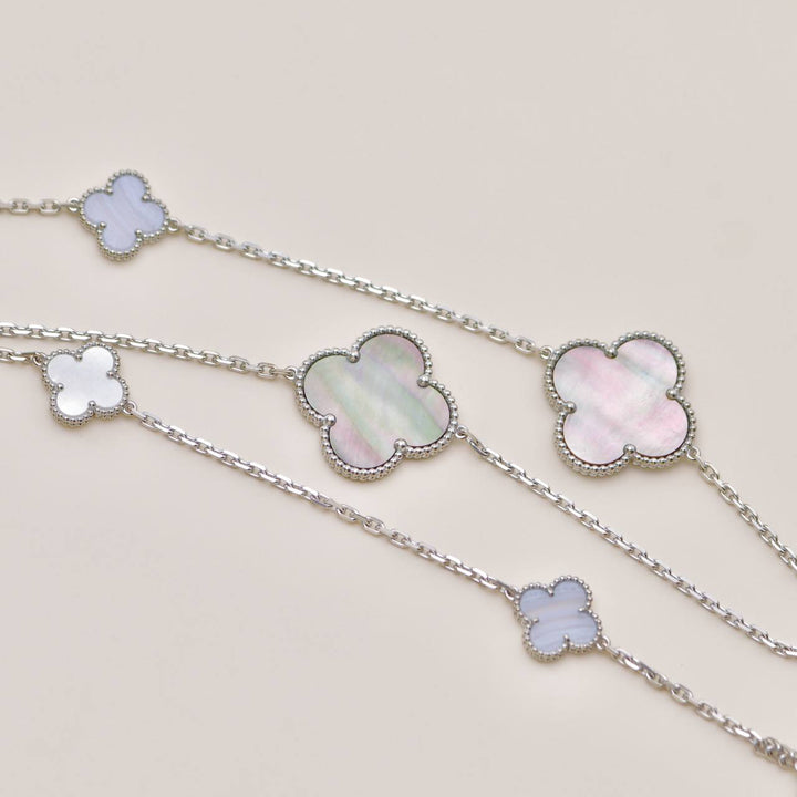 Preloved Authentic VCA Magic Alhambra 16 Motif Necklace in Chalcedony and Mother of Pearl