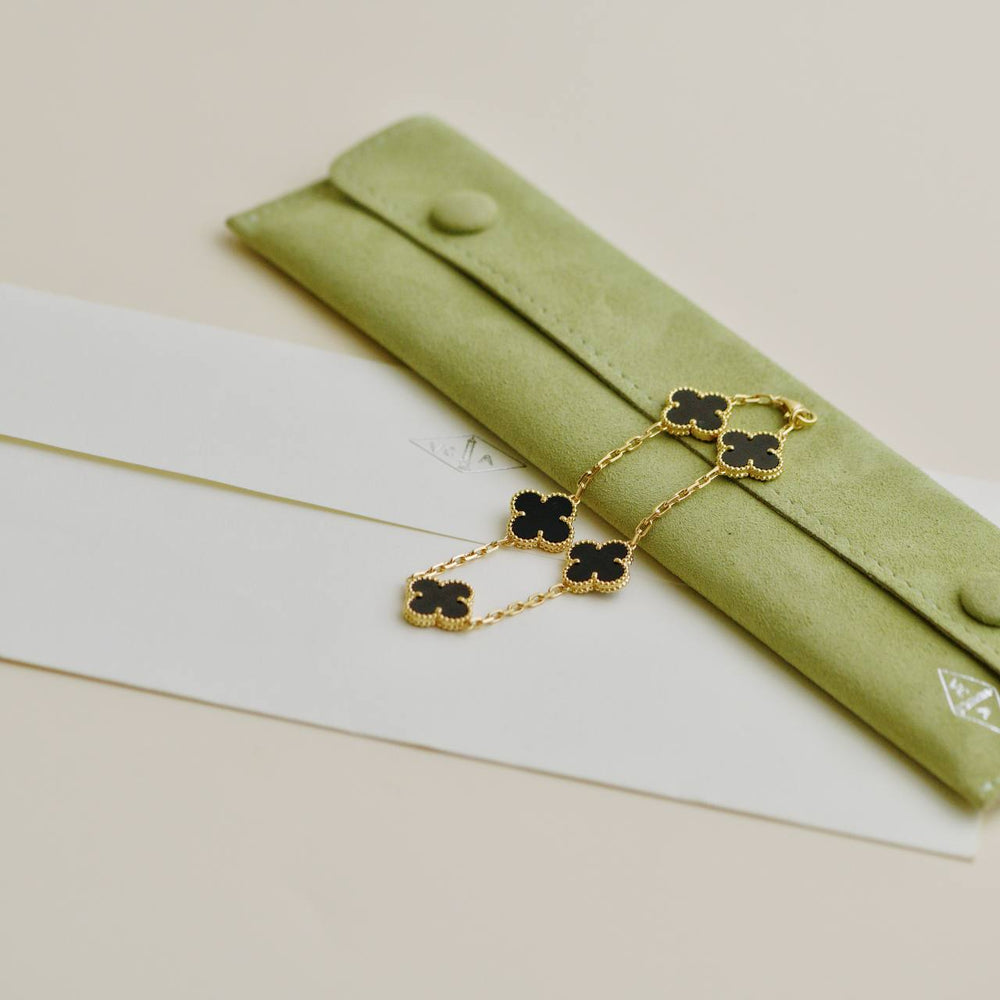 Preowned Authentic Full set Van Cleef & Arpels Vintage Alhambra Bracelet 5 Motif Onyx 18K Yellow Gold