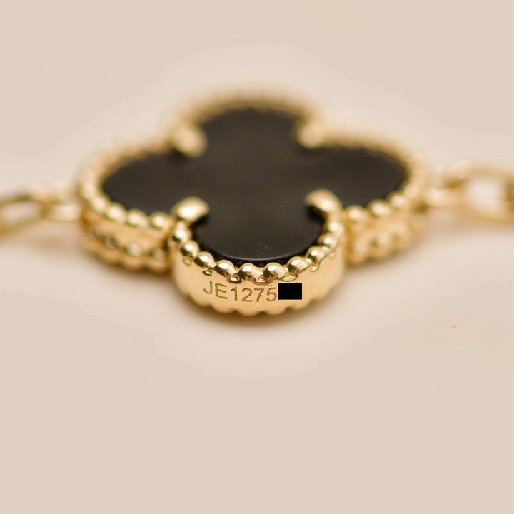 Second Hand Authentic Van Cleef Vintage Alhambra Onyx 5 Motif Bracelet 18K Yellow Gold
