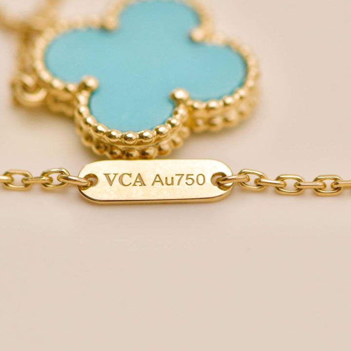 Second Hand Van Cleef & Arpels Turquoise 18K Yellow Gold Vintage Alhambra Pendant Necklace
