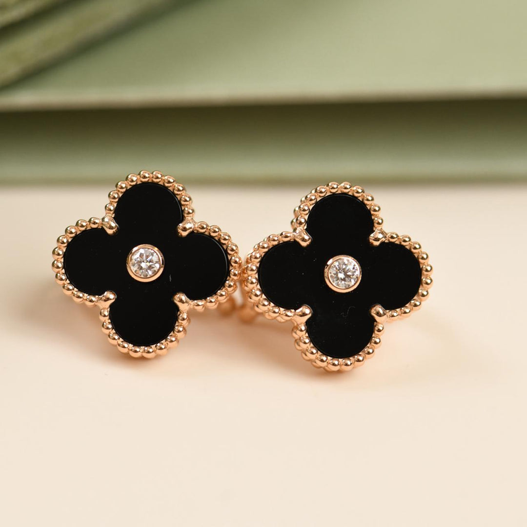 Preloved Van Cleef & Arpels Vintage Alhambra Limited Edition Onyx Diamond Gold Earrings