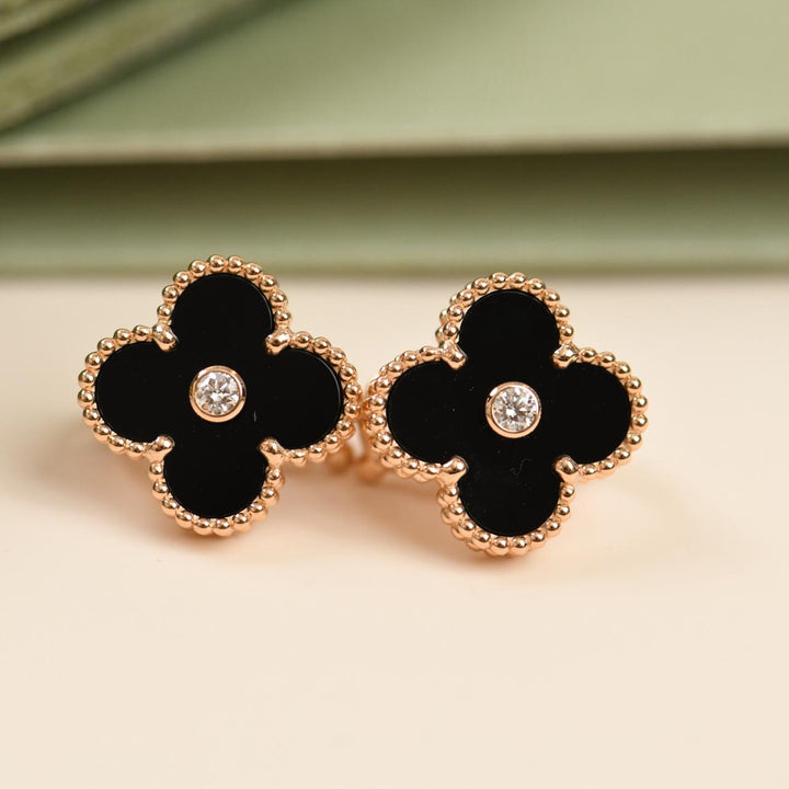 Preloved Van Cleef & Arpels Vintage Alhambra Limited Edition Onyx Diamond Gold Earrings