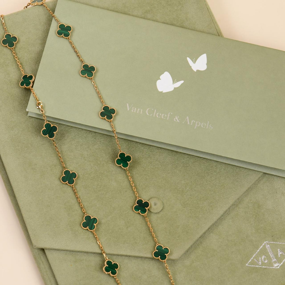 Second Hand Authentic Van Cleef & Arpels Vintage Alhambra Malachite 20 Motif Necklace