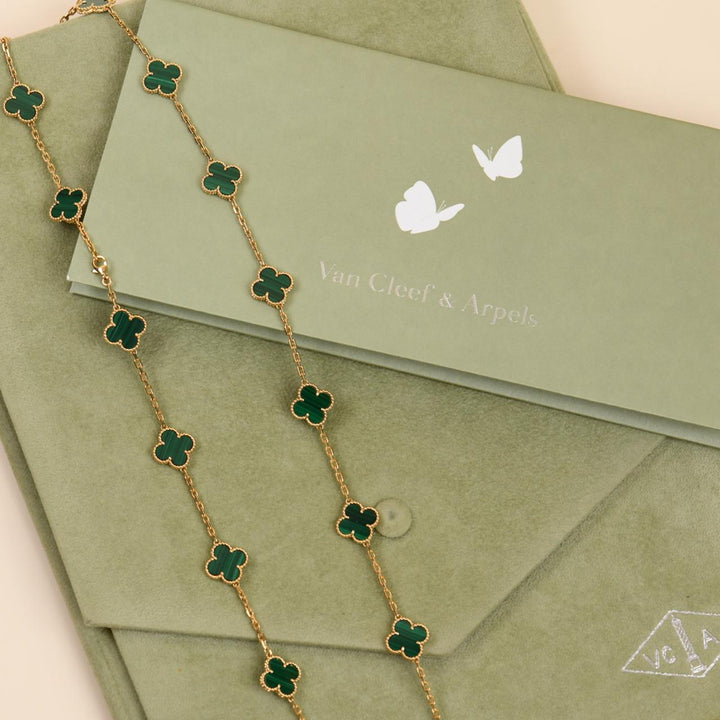 Second Hand Authentic Van Cleef & Arpels Vintage Alhambra Malachite 20 Motif Necklace