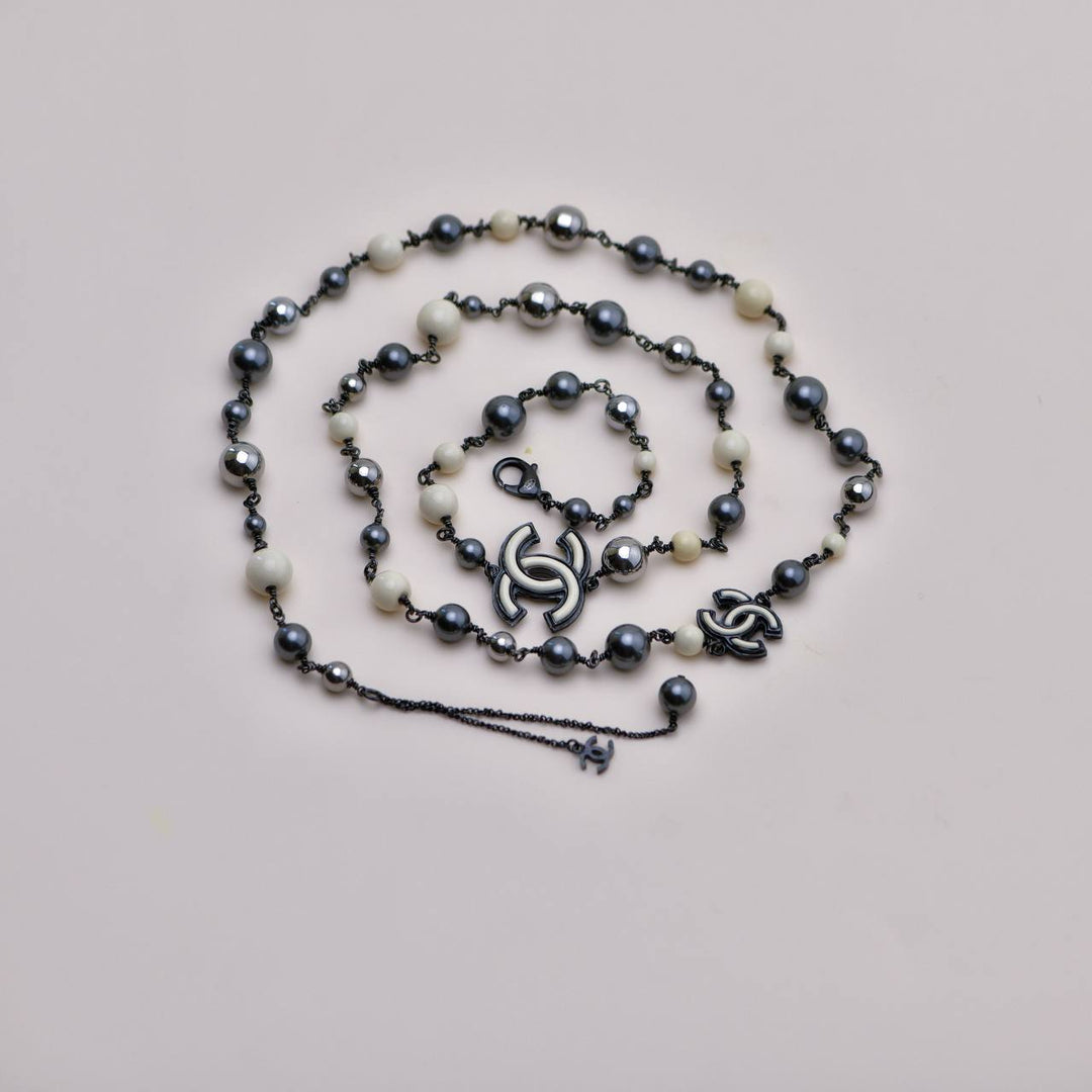 Used Chanel CC Grey Faux Pearl & Ruthenium-Tone Long Sautoir Necklace