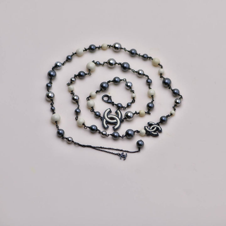 Used Chanel CC Grey Faux Pearl & Ruthenium-Tone Long Sautoir Necklace