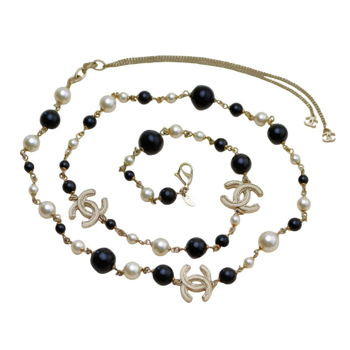 Preloved Authentic Chanel CC Faux Pearl & Black Beads Baroque Sautoir Necklace