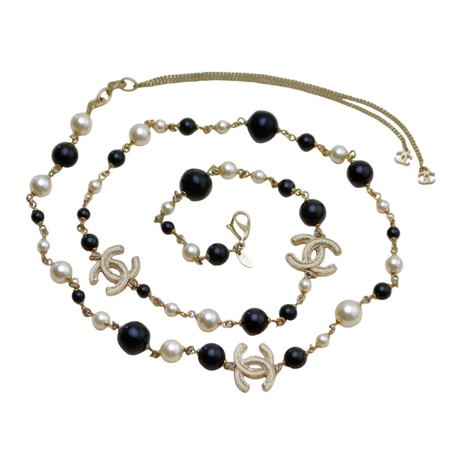 Preloved Authentic Chanel CC Faux Pearl & Black Beads Baroque Sautoir Necklace