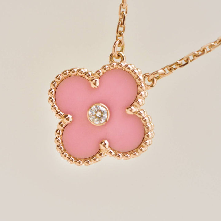 Preloved Authentic Van Cleef & Arpels Alhambra 2015 Holiday Pendant Diamond Pink Sèvres Porcelain