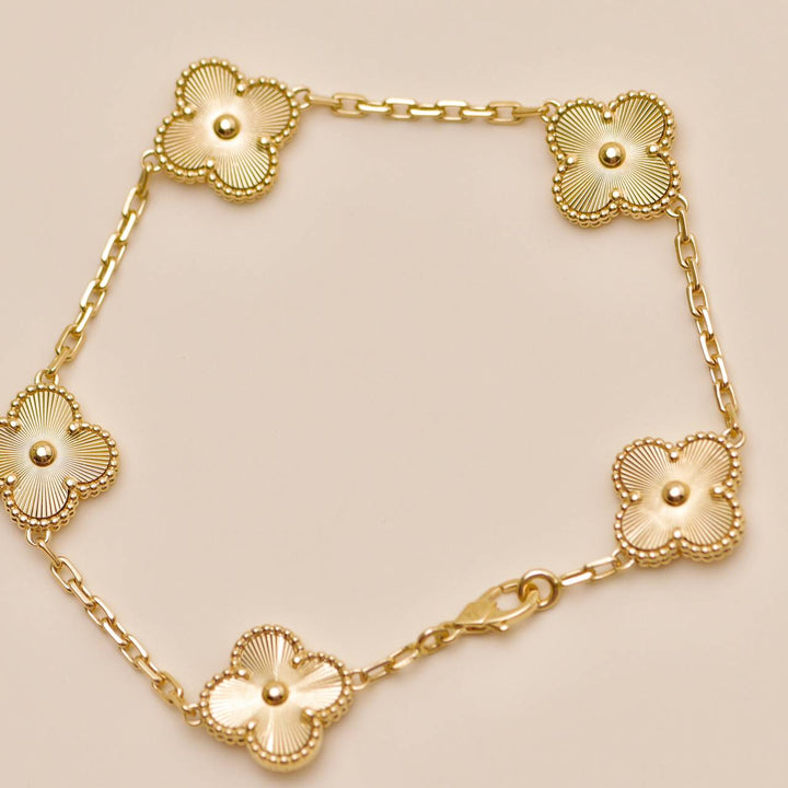 Preowned Authentic Van Cleef Vintage Alhambra Bracelet Guilloché 5 Motifs 18K Yellow Gold