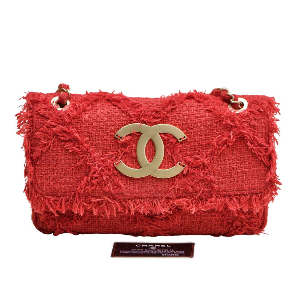 Preowned Authentic Chanel Nature Flap Bag Red Fringe Tweed Medium