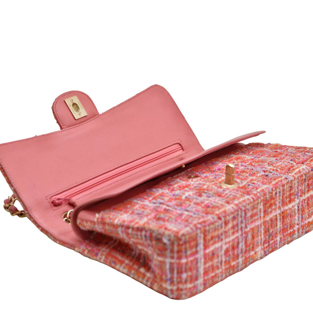 Preowned Authentic Chanel Double Flap Pink Tweed Quilted Bag