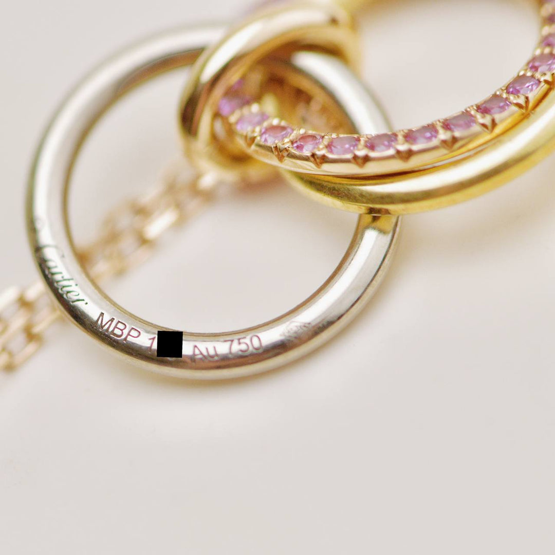 Used Cartier Trinity Pendant Necklace 18K Tri-color Gold with Pavé Pink Sapphires