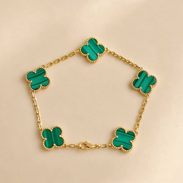 Used Authentic Van Cleef Vintage Alhambra 5 Motif Malachite Bracelet 18K Yellow Gold