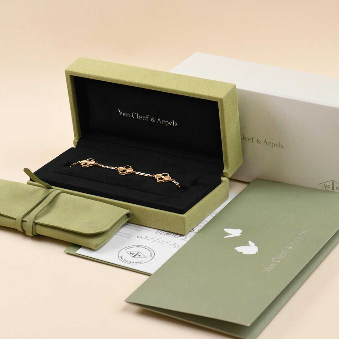 Van Cleef & Arpels Vintage Alhambra Guilloché 5 Motifs Bracelet 18K Yellow Gold