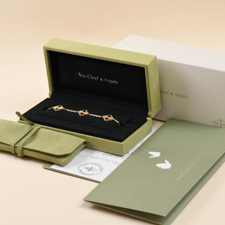 Van Cleef & Arpels Vintage Alhambra Guilloché 5 Motifs Bracelet 18K Yellow Gold