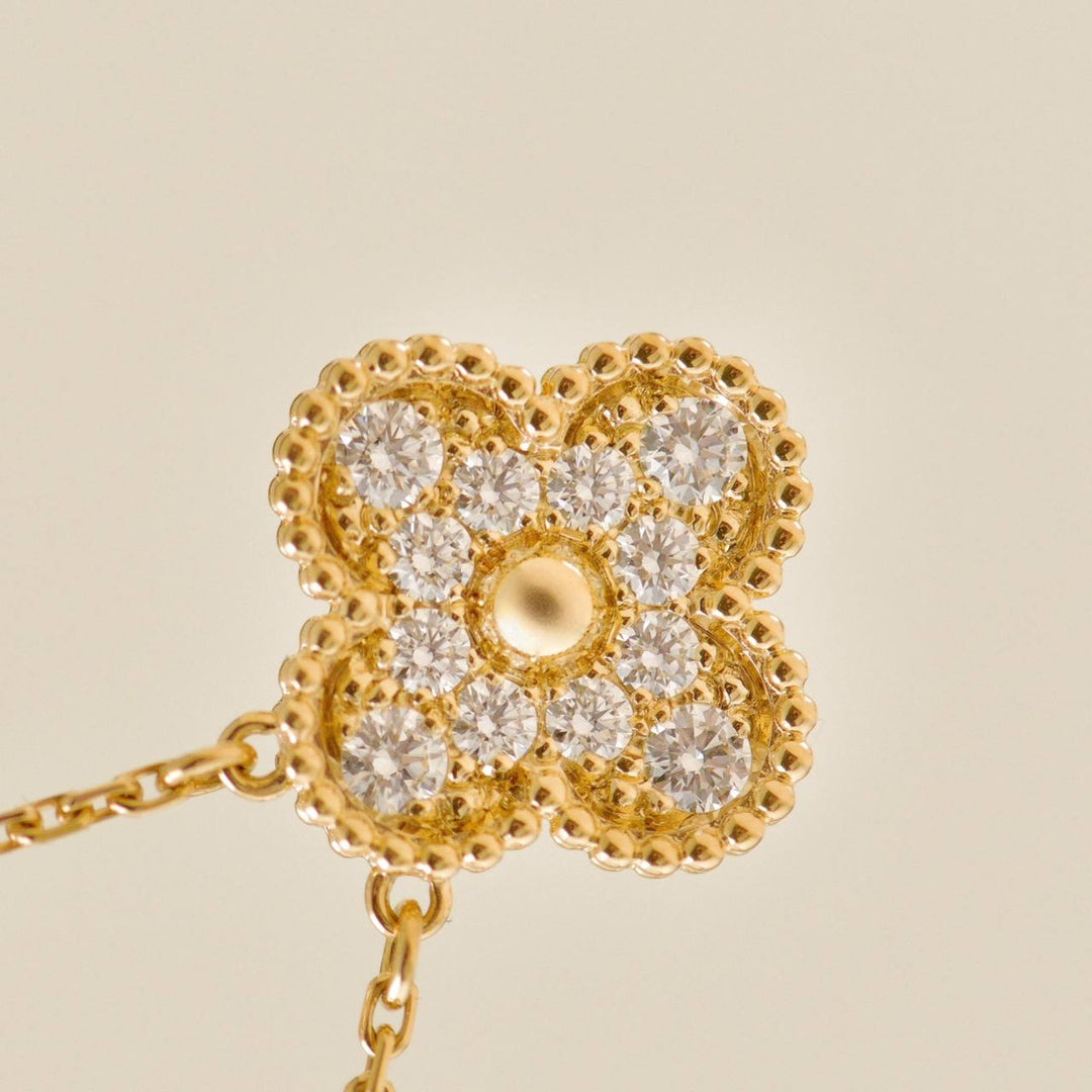 Authentic Used Van Cleef Vintage Alhambra Necklace Pavé Diamond 18K Yellow Gold