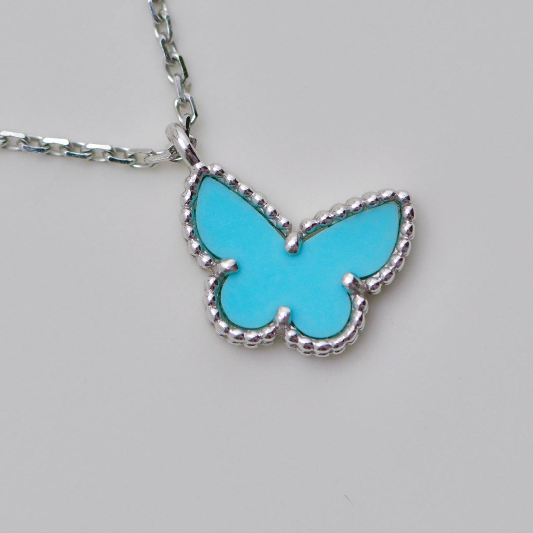 Authentic VCA Sweet Alhambra Turquoise Butterfly Necklace 18K White Gold