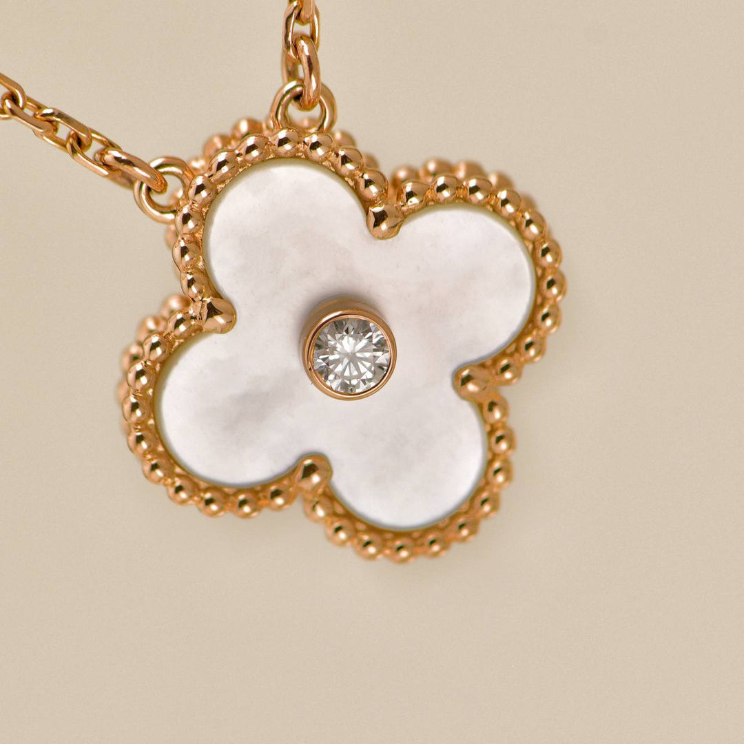 Preowned Authentic Van Cleef Alhambra 2012 Holiday Necklace Diamond Mother of Pearl