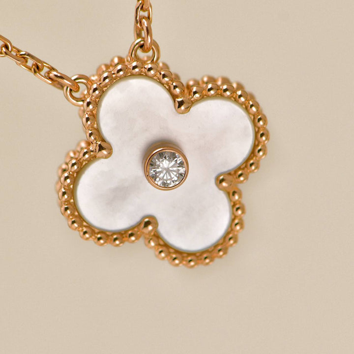 Preowned Authentic Van Cleef Alhambra 2012 Holiday Necklace Diamond Mother of Pearl