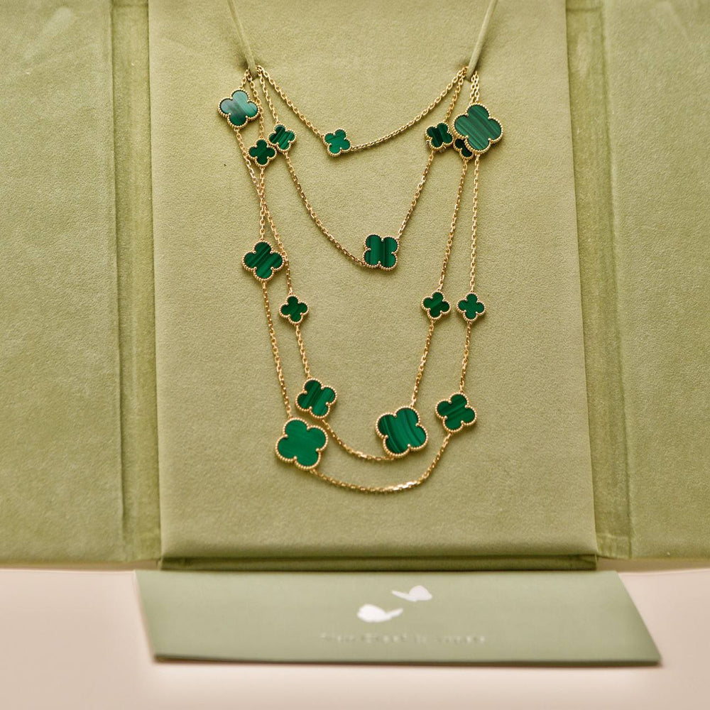 Preowned Authentic Van Cleef Magic Alhambra Malachite 16 Motifs Necklace 18K Yellow Gold