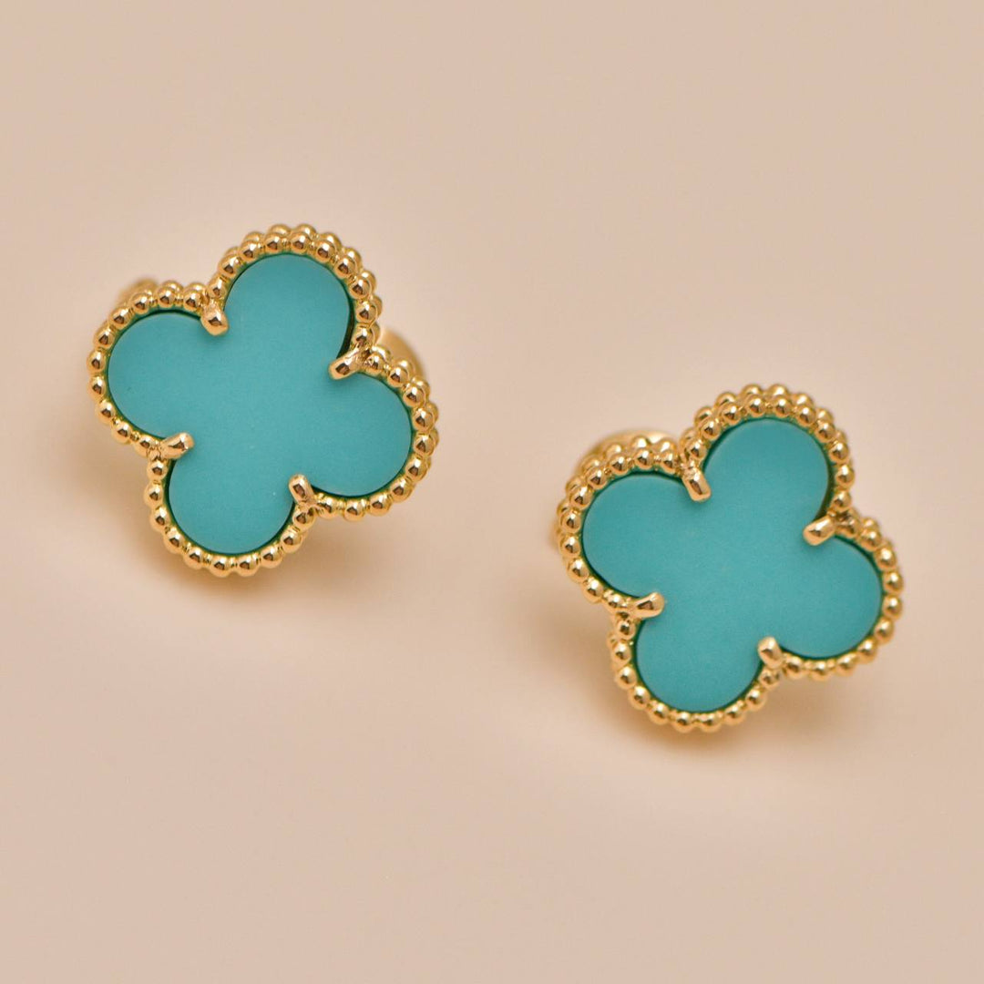 Authentic Preowned VCA Vintage Alhambra Turquoise Earrings 18K Yellow Gold