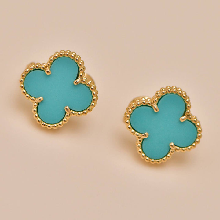 Authentic Preowned VCA Vintage Alhambra Turquoise Earrings 18K Yellow Gold