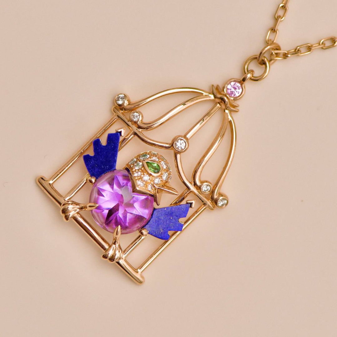 Used Authentic Cartier Free As A Bird Necklace Diamond, Amethyst, Lapis Lazuli & Peridot, 18K Rose Gold