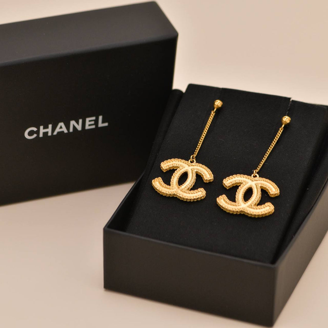 Preloved Authentic Chanel CC Logo Large Drop Gold-Tone Earrings