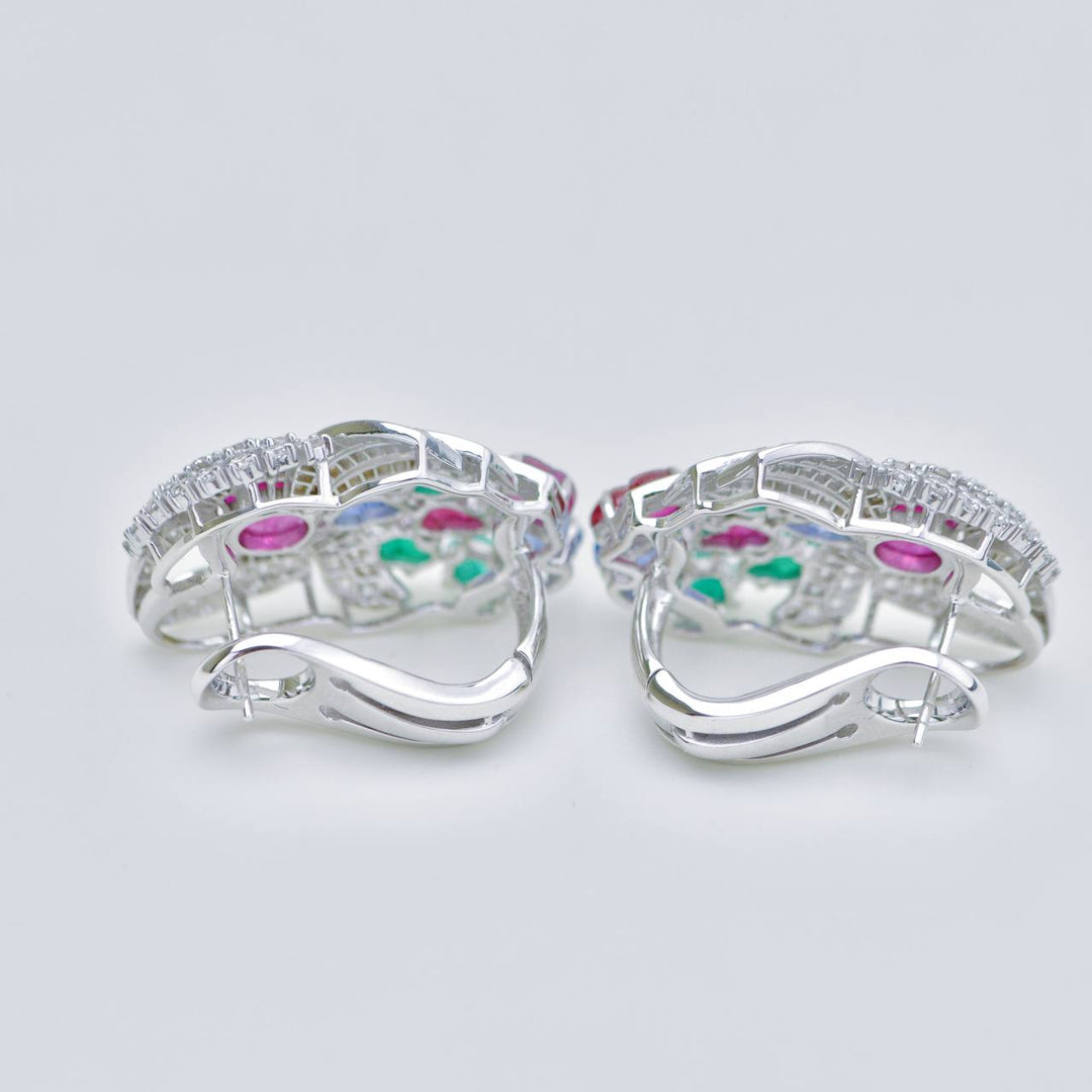 Tutti Frutti Ruby, Emerald & Sapphire Carved Gemstone Diamond Clip Earrings in White Gold