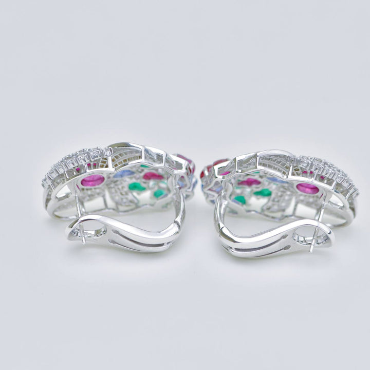 Tutti Frutti Ruby, Emerald & Sapphire Carved Gemstone Diamond Clip Earrings in White Gold