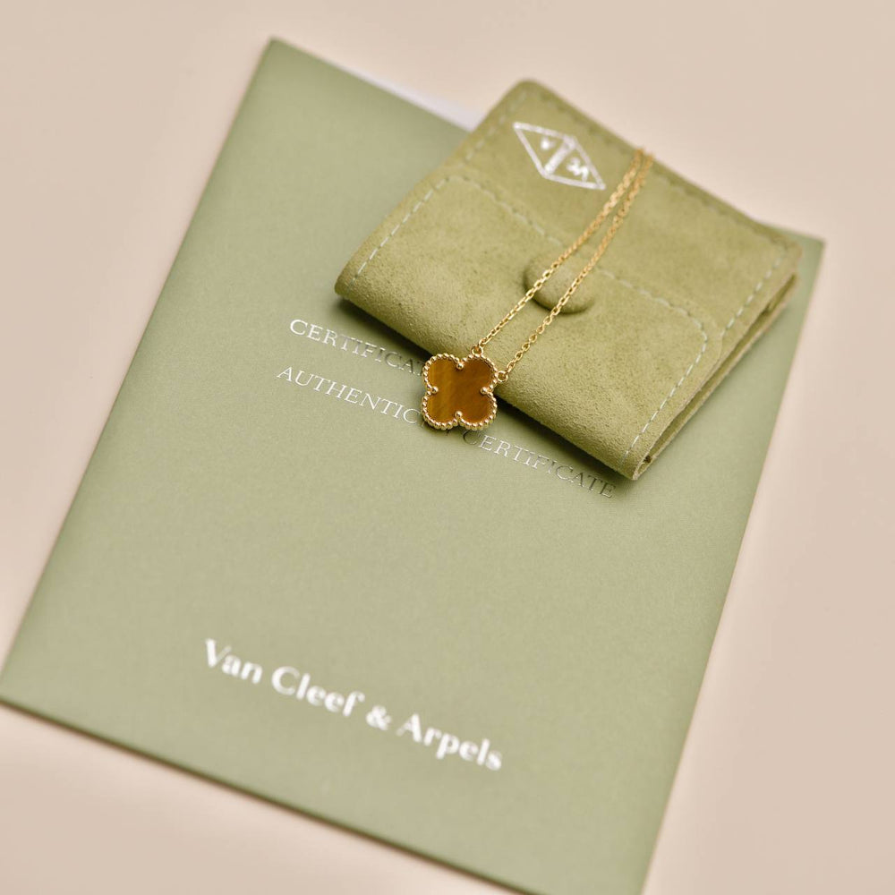 Authentic Preloved Full set Van Cleef Vintage Alhambra Tiger’s Eye Pendant Necklace in 18K yellow gold